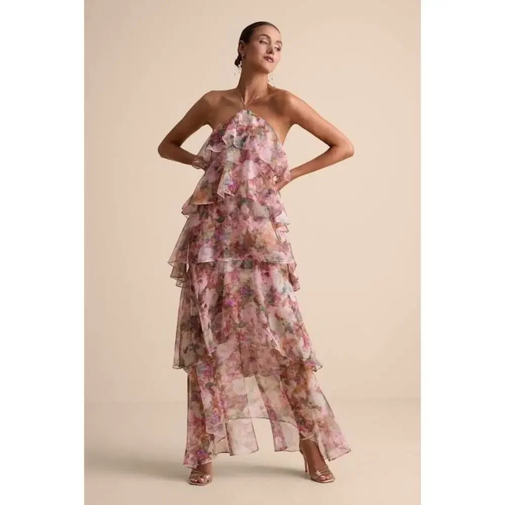 Lulus Melody Pink Floral Tiered Halter Maxi Dress - Size XXS
